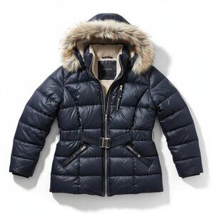 Maurice's Plus Navy Blue Puffer Coat with Faux Fur Hood Size 0 (XL/14)